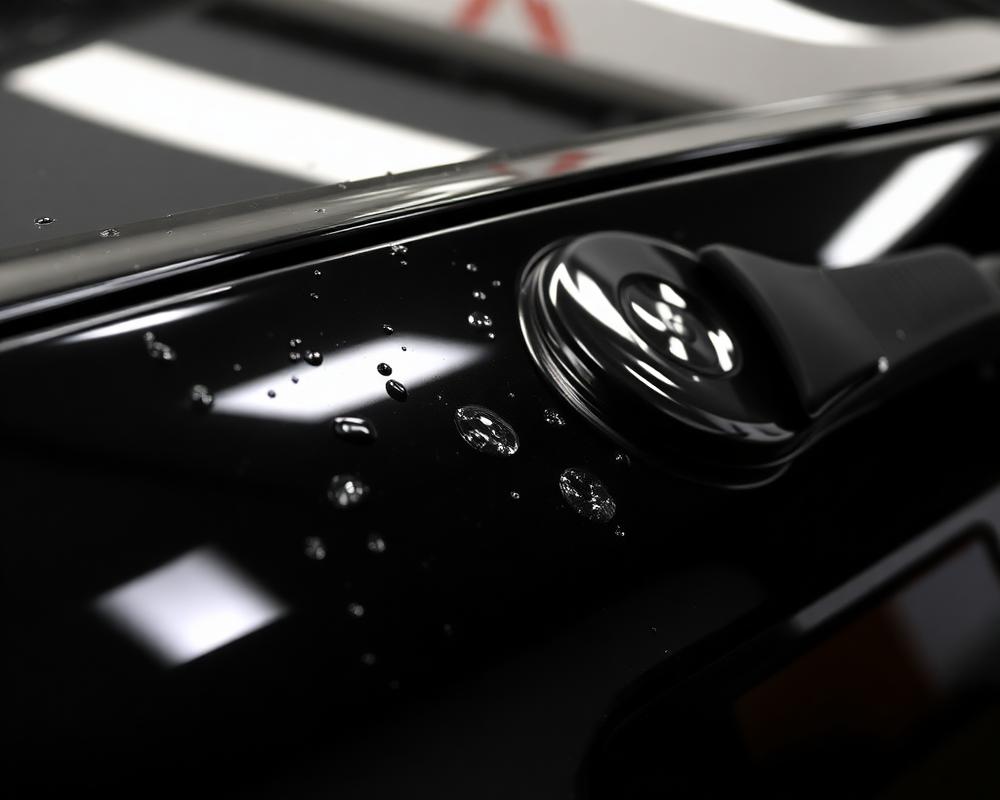 Polished black panel with water beads